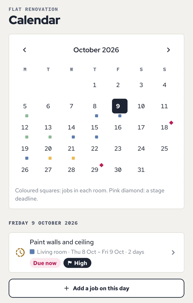 October calendar with each room’s jobs on their days and the stage deadlines.
