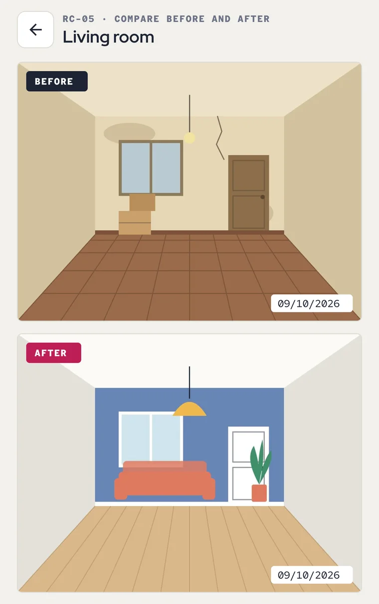 Drawings of the living room before and after the renovation, one above the other.