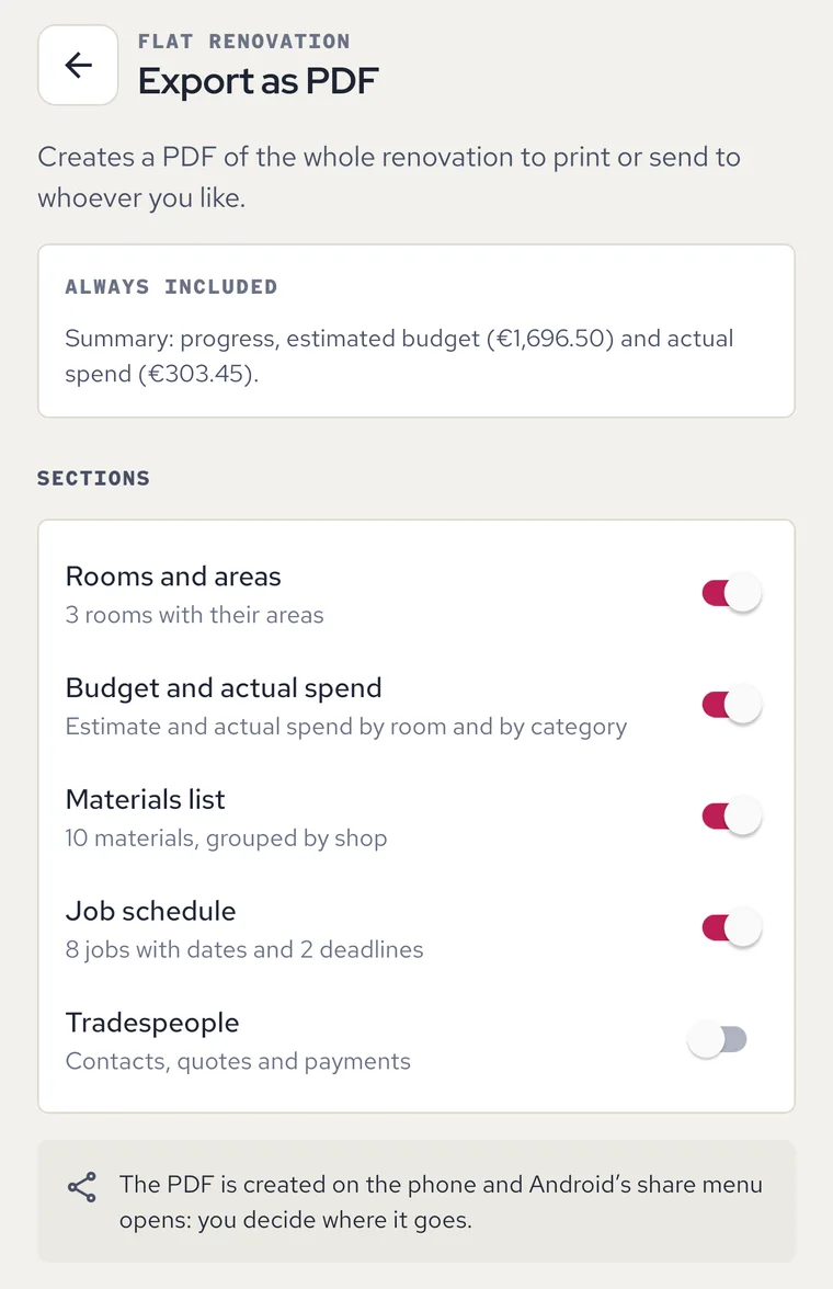 PDF export with the sections to include: rooms, budget, materials and schedule.