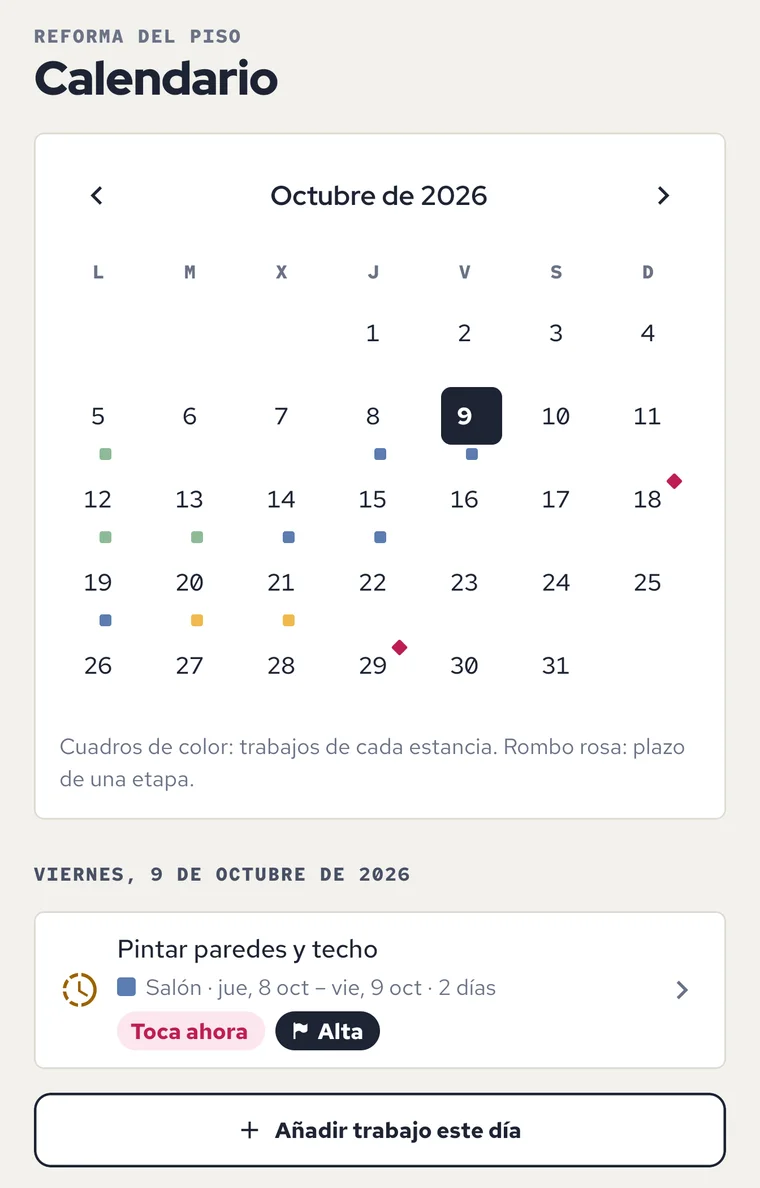 Calendario de octubre con los trabajos de cada estancia por días y los plazos de las etapas.