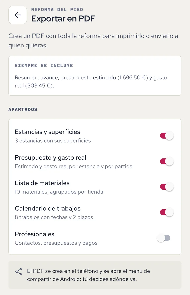 Exportación en PDF con los apartados que se incluyen: estancias, presupuesto, materiales y calendario.