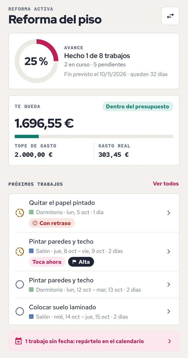 Pantalla de inicio: avance del 25 %, presupuesto que queda y próximos trabajos de la reforma.